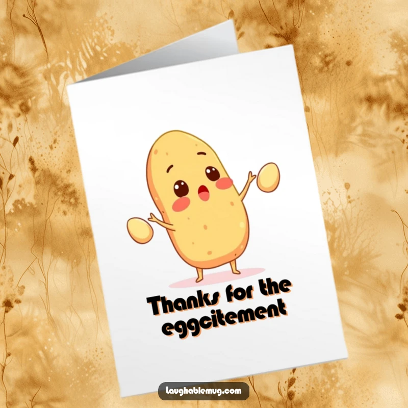 Funny Free Printable Thank You Card: Surprised potato juggling eggs, expressing thanks with energetic humor, perfect for notes.