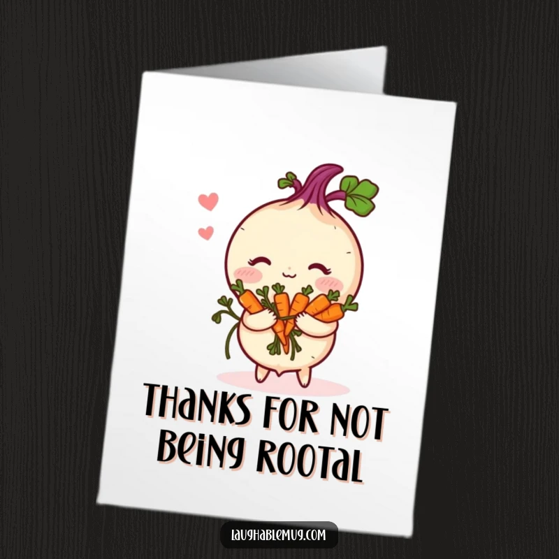 Funny Free Printable Thank You Card: A blushing turnip holding tiny carrots, expressing gratitude with a shy, sweet smile, a veggie's thanks.