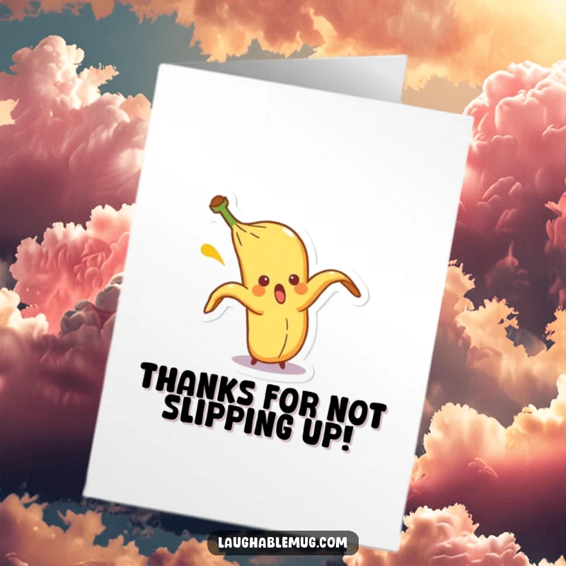 Funny Free Printable Thank You Card: A surprised banana peel character comically slips, offering thanks in a hilarious way.