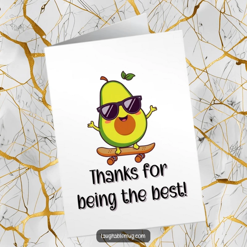 Funny Free Printable Thank You Card: A happy avocado wearing sunglasses skates by, delivering a cool and stylish thank you.