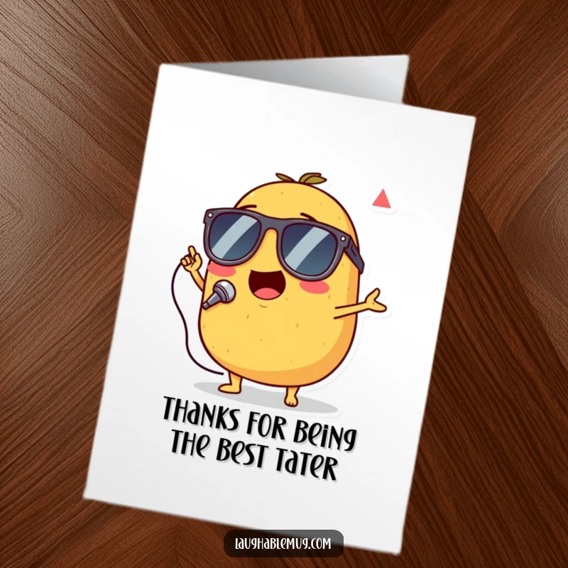 Funny Free Printable Thank You Card: Singing potato wearing sunglasses, performing a thank you song with energetic enthusiasm.