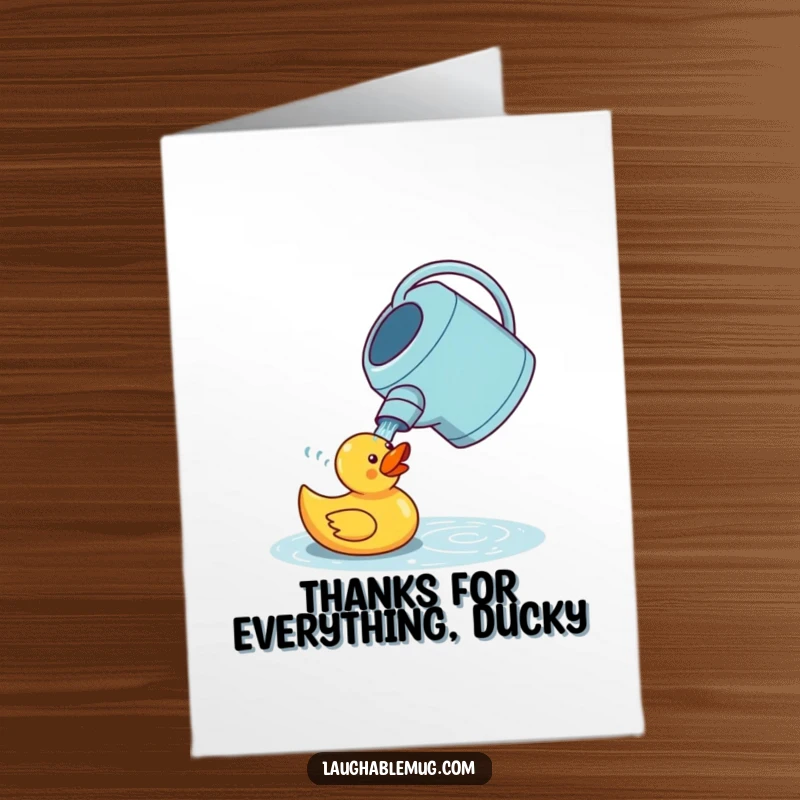 Funny free printable thank you card: A confused watering can directs water at a rubber duck, humorously expressing gratitude.