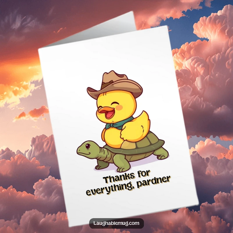 Funny Free Printable Thank You Card: Rubber duck cowboy riding a turtle, a humorous and unique way to say thanks.
