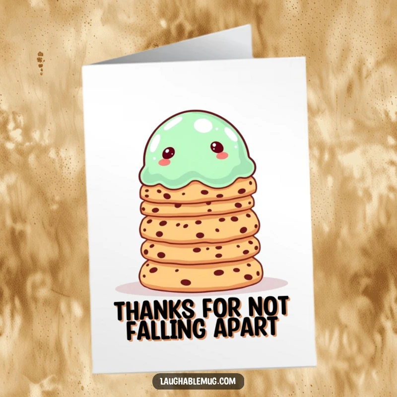 Funny Free Printable Thank You Card: A wobbly jelly character trying to balance cookies expresses thanks in a comically precarious but heartfelt way.