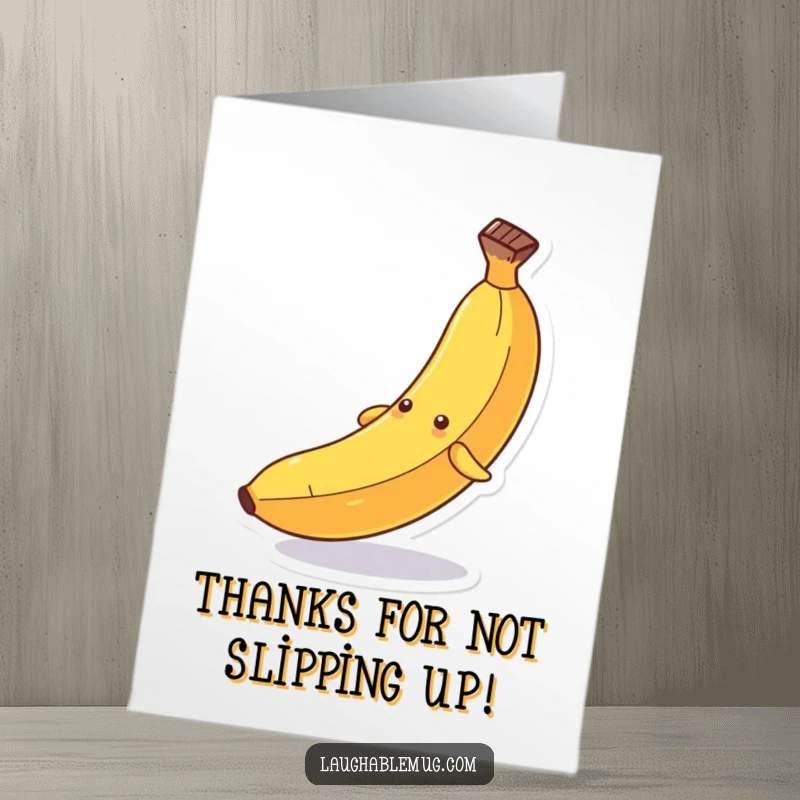 Funny Free Printable Thank You Card: An anthropomorphic banana dramatically slipping on its own peel, showing thanks humorously.