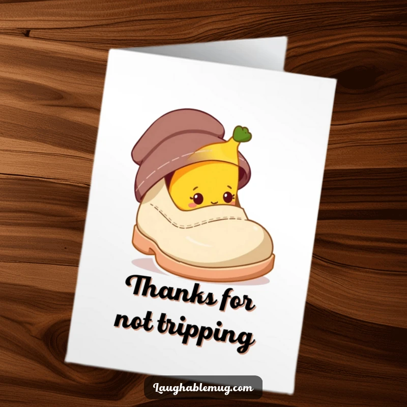 Funny Free Printable Thank You Card: A shy banana character is hesitantly peeking from behind an oversized shoe, saying thanks.