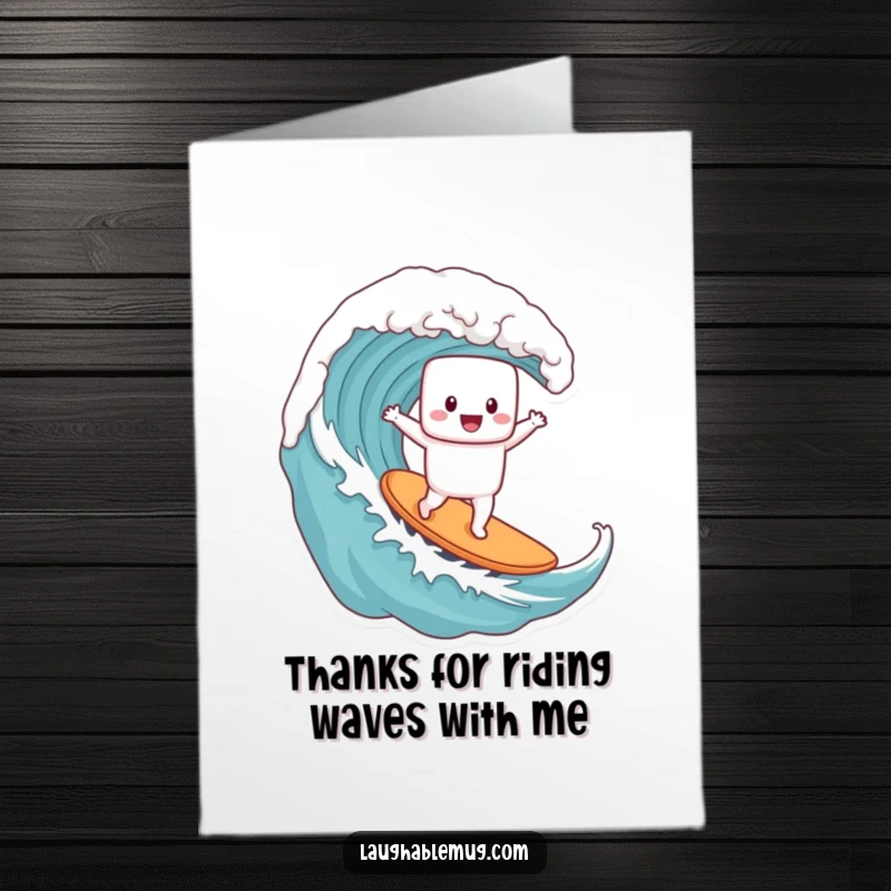 Funny free printable thank you card: A marshmallow rides a coffee mug wave, expressing thanks with a humorous, sunny vibe.