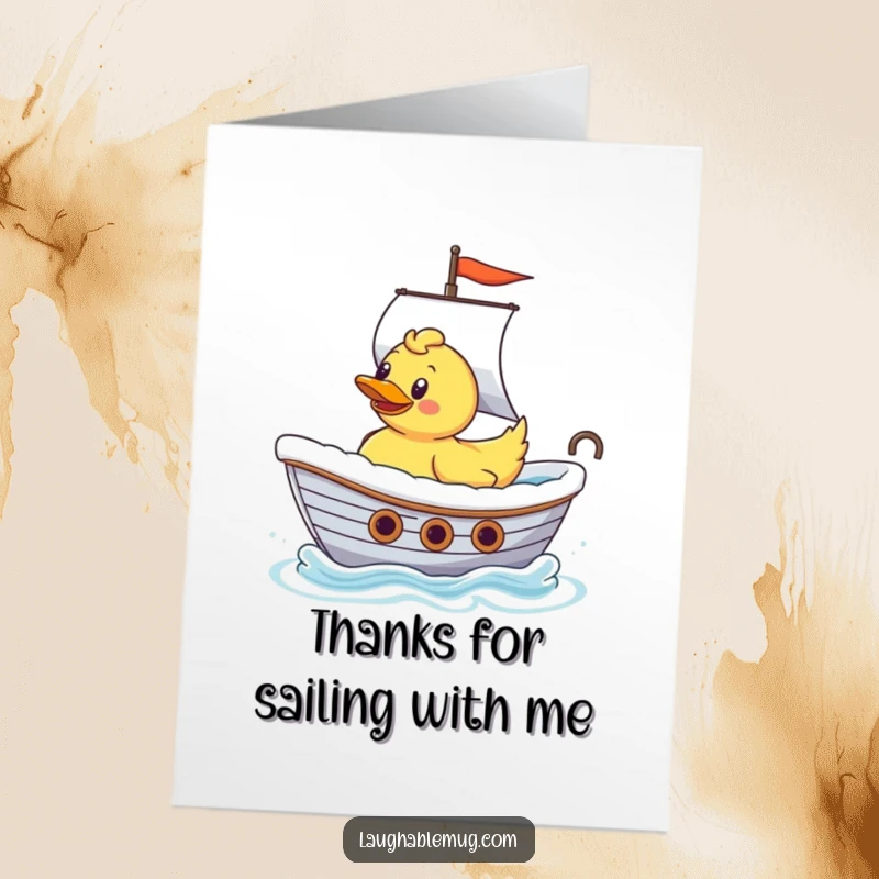 Funny Free Printable Thank You Card featuring a happy rubber ducky sailing a bathtub like a grand ship, expressing thanks playfully.