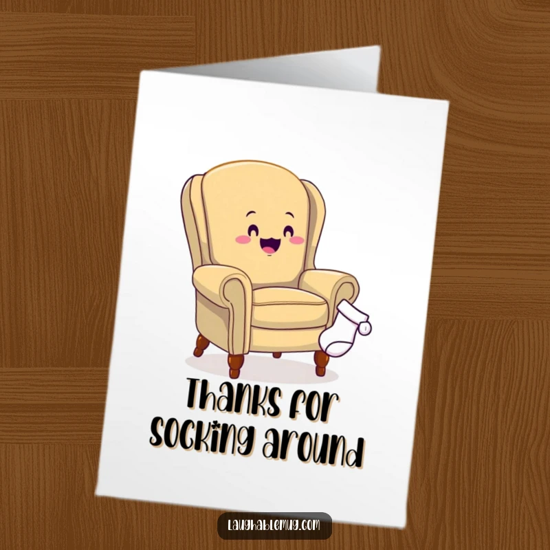 Funny free printable thank you card: A cheerful armchair chases a sock, humorously thanking them for their help.