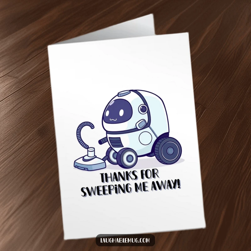 Funny free printable thank you card with a clumsy robot vacuum cleaner chasing its own tail, a downloadable art piece.
