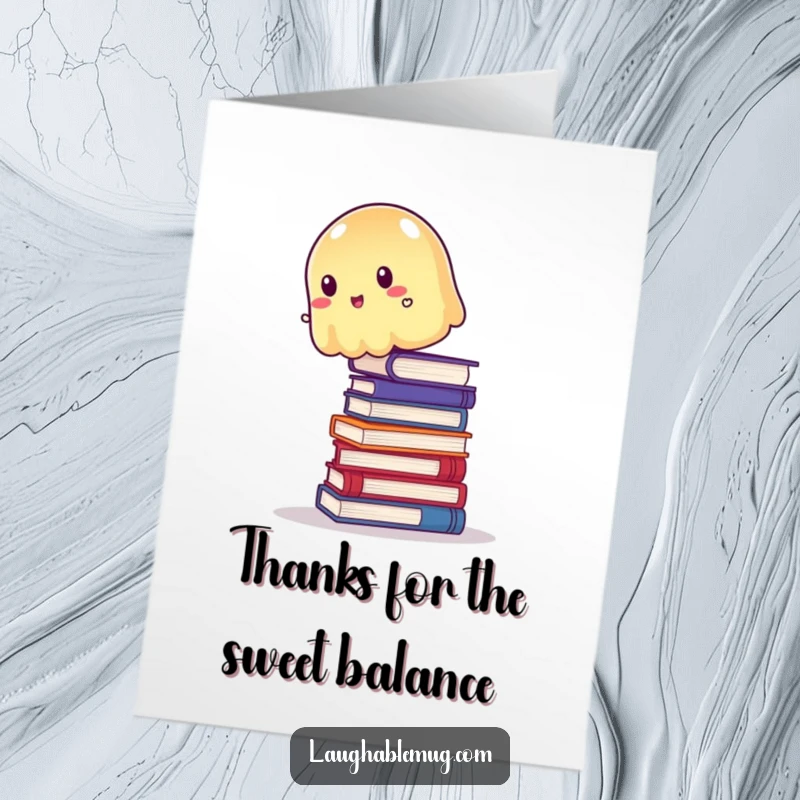 Funny Free Printable Thank You Card: A wobbly jelly on books, conveying a humorous sense of balanced appreciation and thanks.