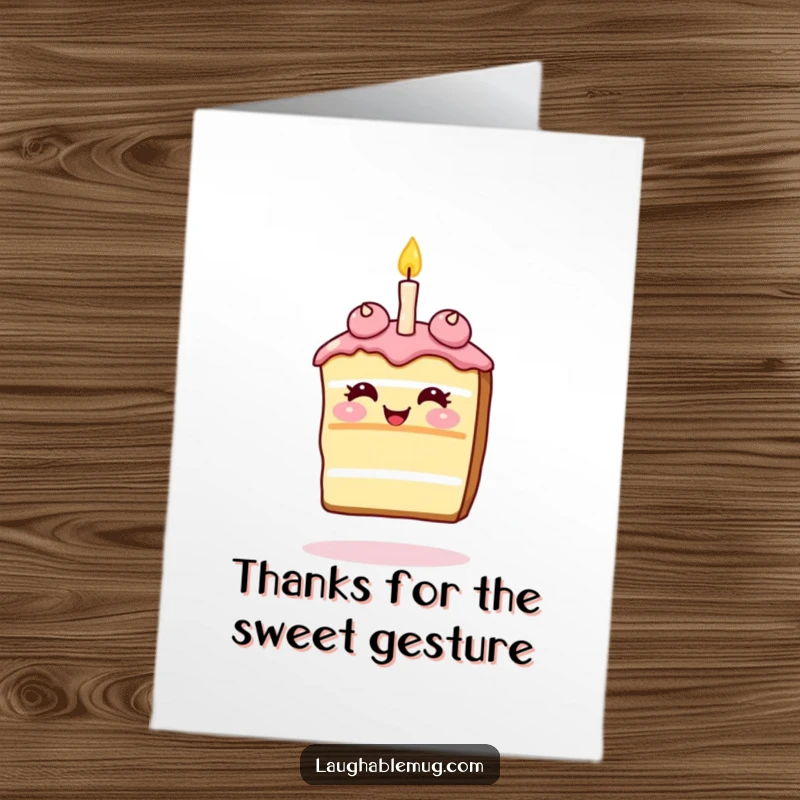Funny Free Printable Thank You Card: A giggling cake slice balancing a candle on its nose, conveying sweet and humorous thanks.