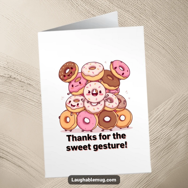 Funny Free Printable Thank You Card: Donuts in a pile attempting a clumsy synchronized dance, expressing thanks with humor.