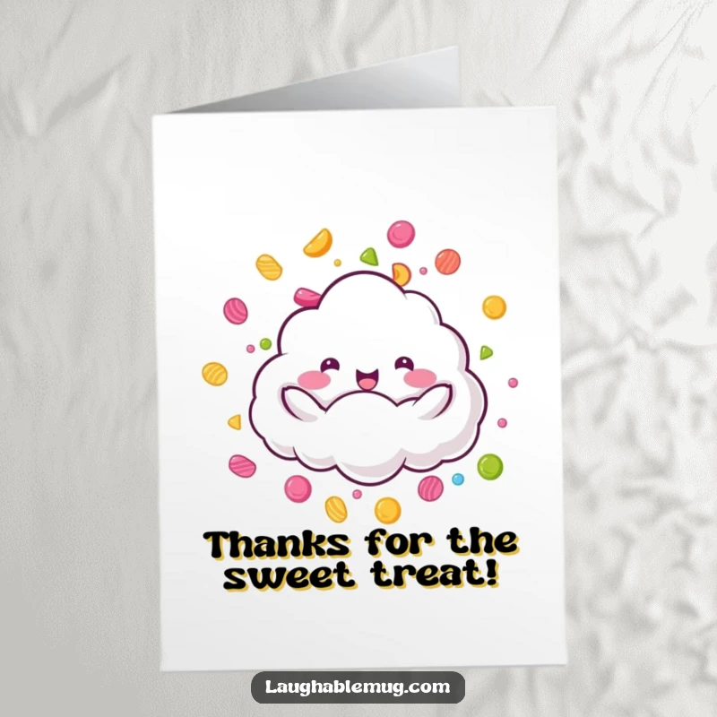 Whimsical Free Printable Thank You Card: A cloud joyfully rains candy, sending sweet and colorful thanks.