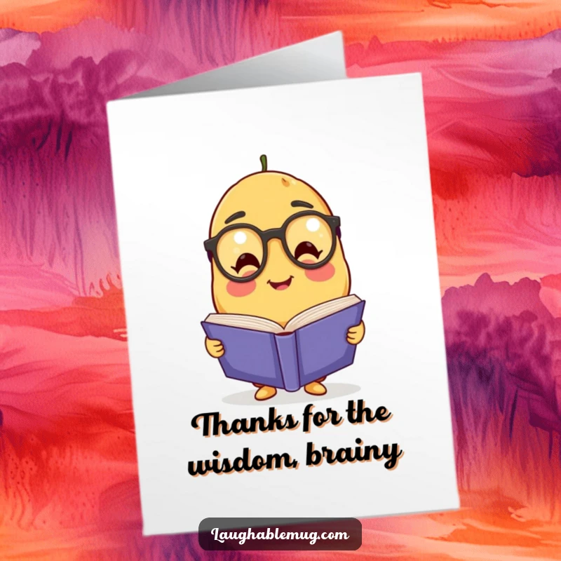 Funny Free Printable Thank You Card featuring a friendly potato wearing glasses, holding a book, and offering sincere thanks, a delightful gift.