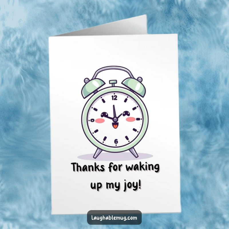 Funny free printable thank you card featuring a smiling alarm clock in a yoga pose, a downloadable art piece.