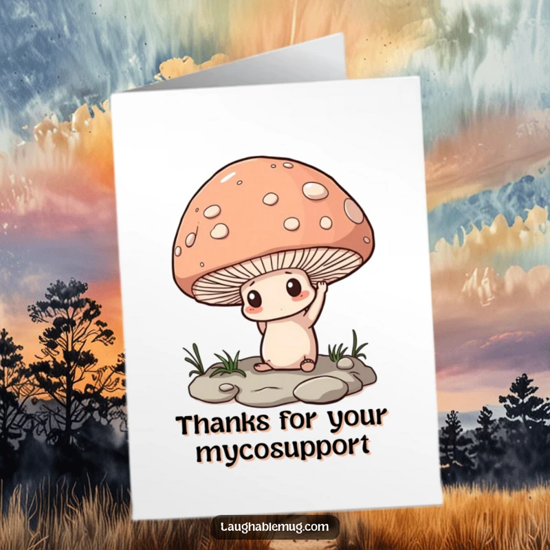 Funny Free Printable Thank You Card: A determined mushroom lifting a large pebble, symbolizing gratitude for great effort.