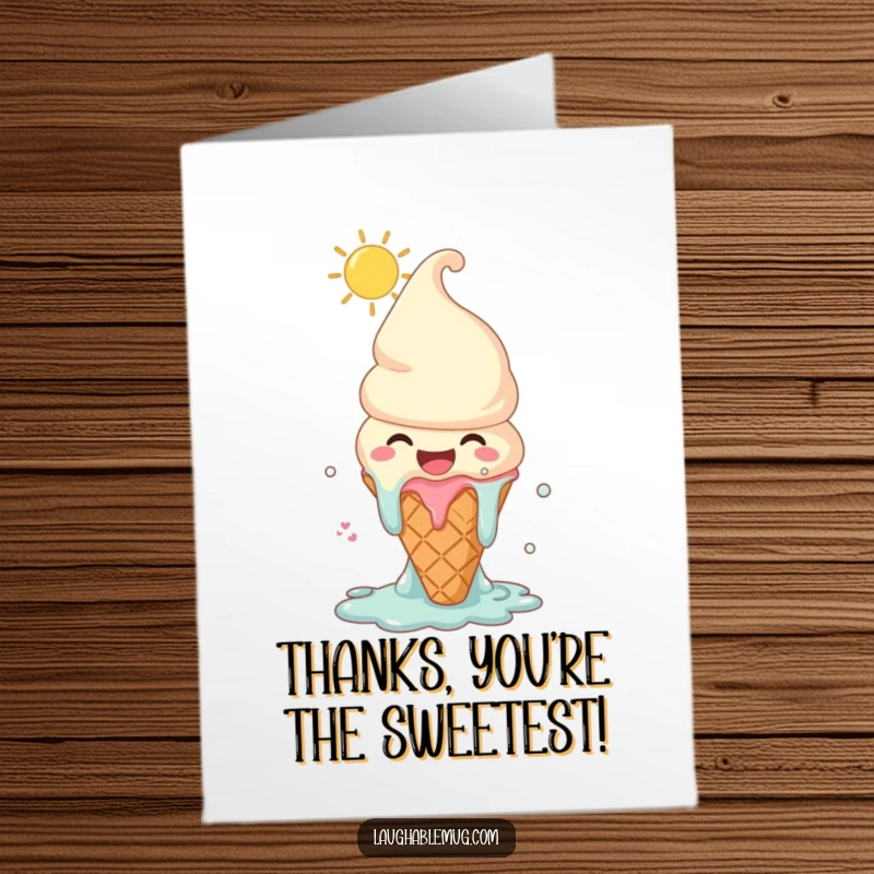 Funny Free Printable Thank You Card: A happy ice cream cone melts with laughter under the sun, sending warm thanks.