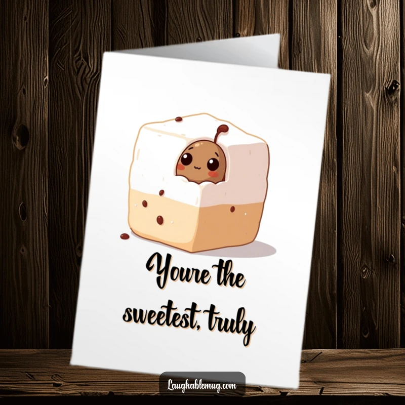 Funny free printable thank you card: A coffee bean's curious face pokes out of a giant sugar cube. Sweet appreciation.