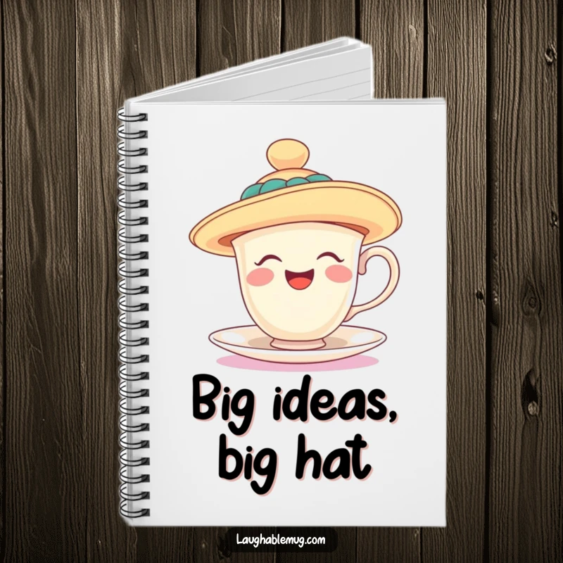 Funny notebook with a laughing teacup wearing a ridiculously oversized, floppy hat, perfect for notes and doodles. A unique funny gift.