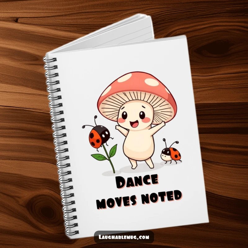 Funny Kawaii notebook with a mushroom character dancing with a ladybug, great for jotting down goofy and whimsical ideas.