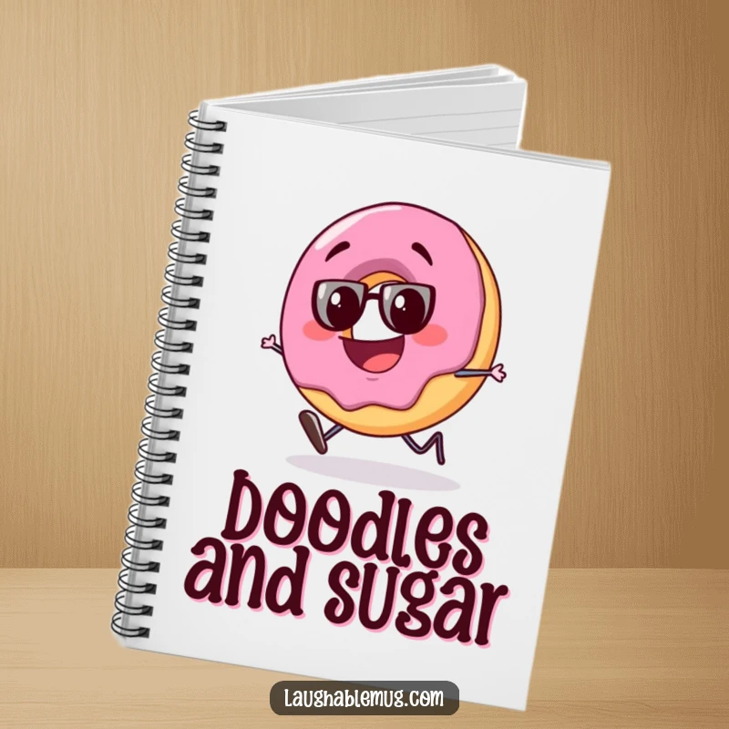 Funny notebook with a slightly tipsy donut character stumbling with a big, goofy grin, inspiring humorous note-taking and creative thoughts.