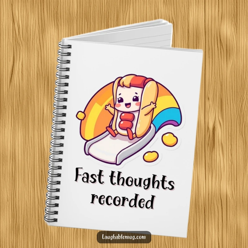 Funny notebook with a happy hot dog character sliding down a rainbow slide, ideal for jotting down fun ideas.