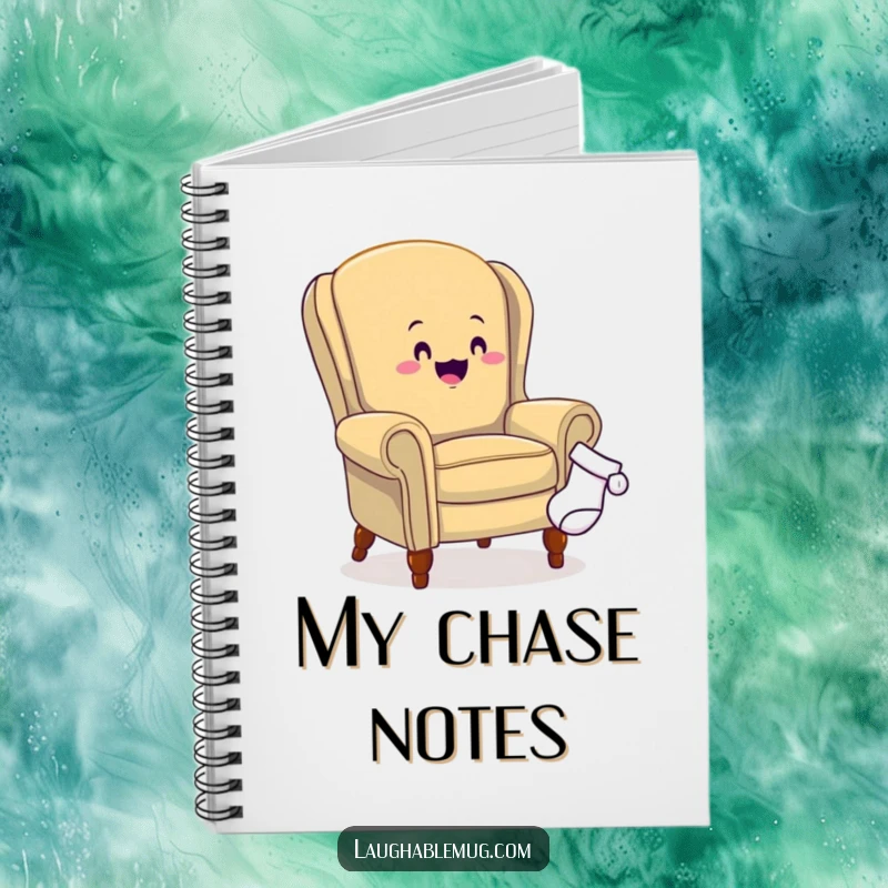 Funny notebook featuring an armchair chasing a sock, ideal for jotting down notes, ideas, or keeping track of laundry with a humorous touch.