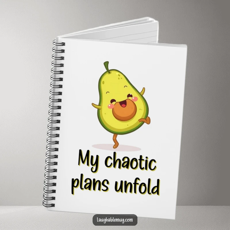 Funny notebook cover featuring a fuzzy avocado in a dynamic cartwheel, inspiring energetic note-taking and creative thoughts.