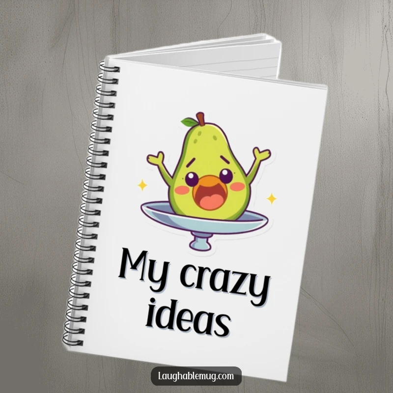 Funny notebook with a surprised avocado character falling off a spinning plate, inspiring creative culinary notes.