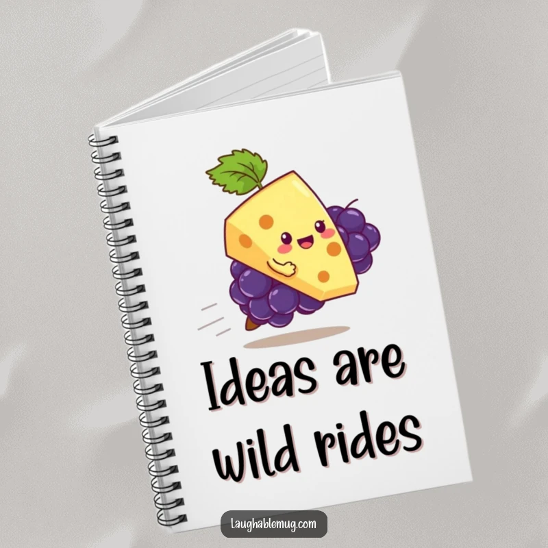 Funny notebook with a playful slice of cheese riding a runaway grape, offering space for notes and inspiring foodie thoughts.