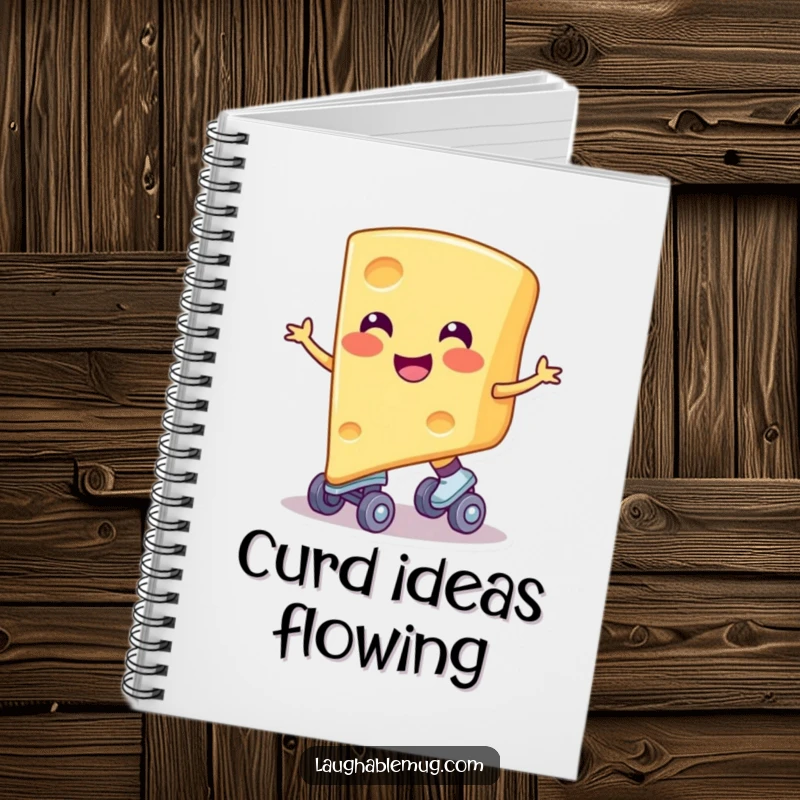 Funny notebook featuring a smiling cheese slice on skates, perfect for recipes and cheesy notes, a great gift for foodies.