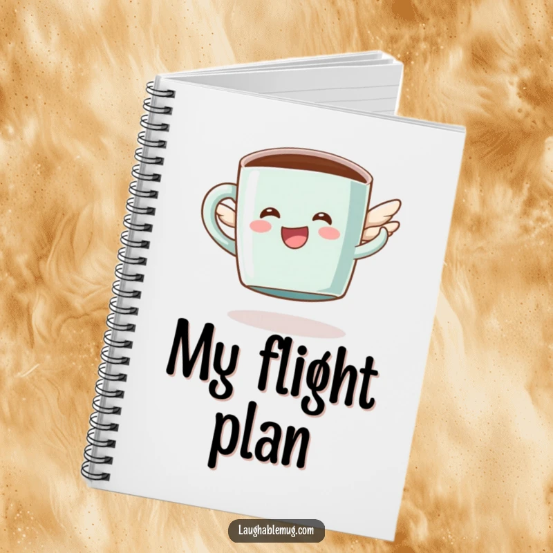 Funny notebook featuring a happy coffee mug character with tiny wings attempting flight, inspiring creativity and notes.