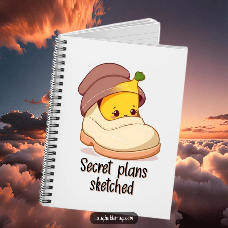 Funny notebook with a shy banana character peeking from behind a giant shoe, ideal for journaling secrets.