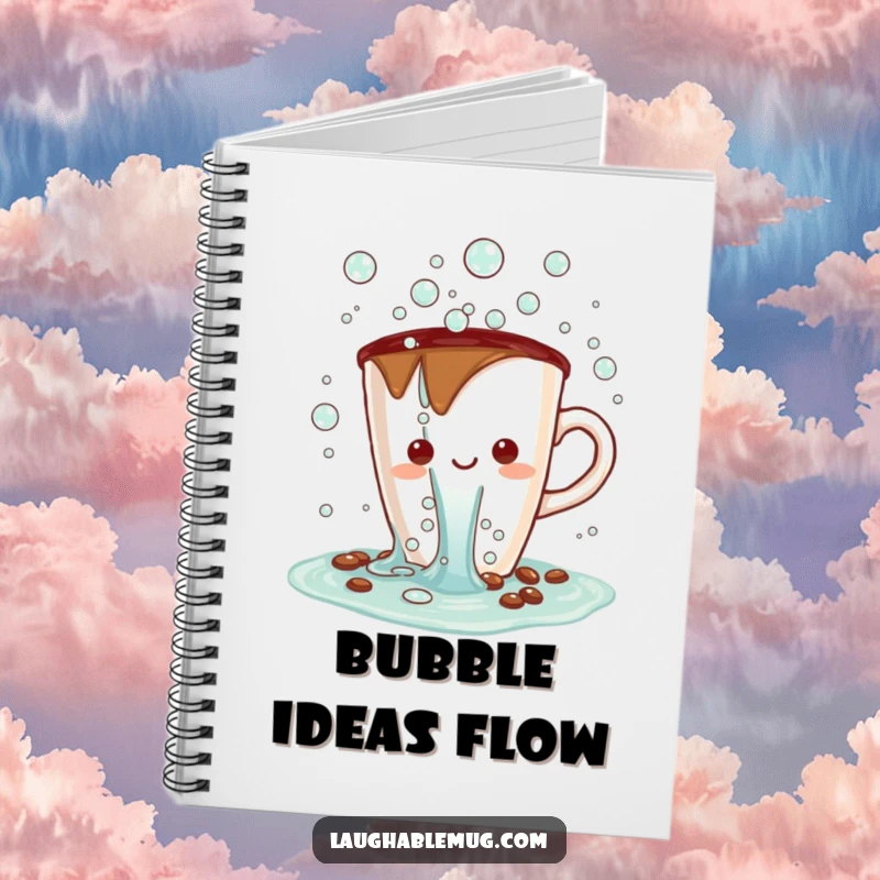 Funny Kawaii notebook with a coffee cup character spilling bubbles, great for jotting down cheerful and bubbly ideas.