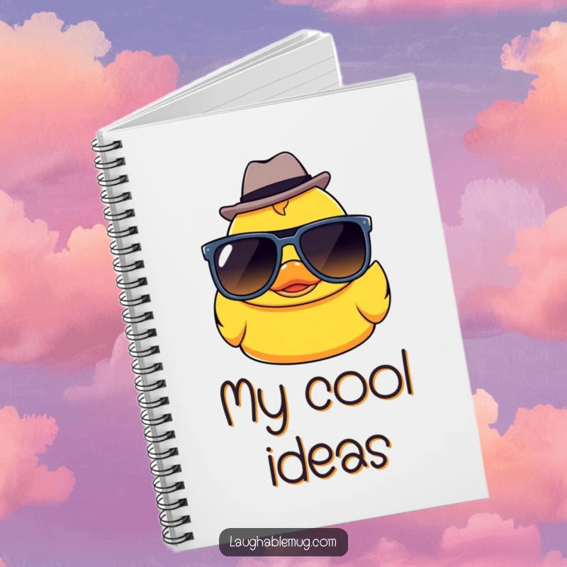 Funny Kawaii rubber ducky character wearing sunglasses and a fedora, on the cover of a lined notebook.