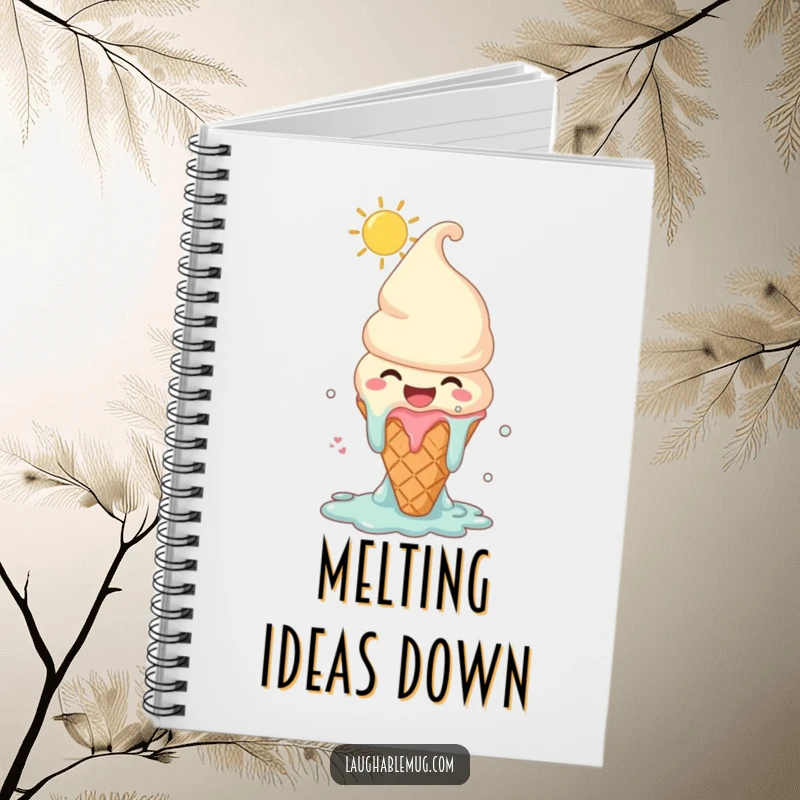 Funny notebook with a melting ice cream cone character laughing joyously under the sun, inspiring happy note-taking and summer memories.