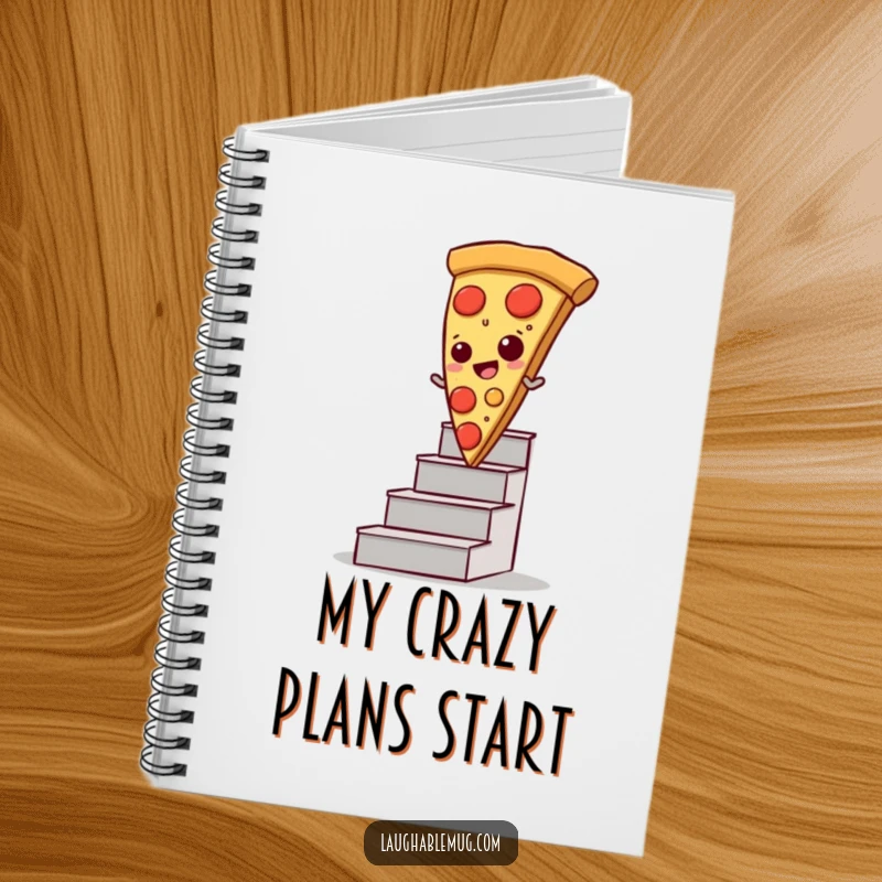 Funny notebook featuring a slice of pizza comically sliding down stairs, ideal for notes or journaling.