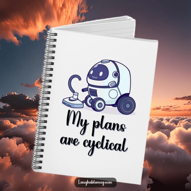 Funny notebook with a clumsy robot vacuum cleaner chasing its tail on the cover, perfect for note-taking.