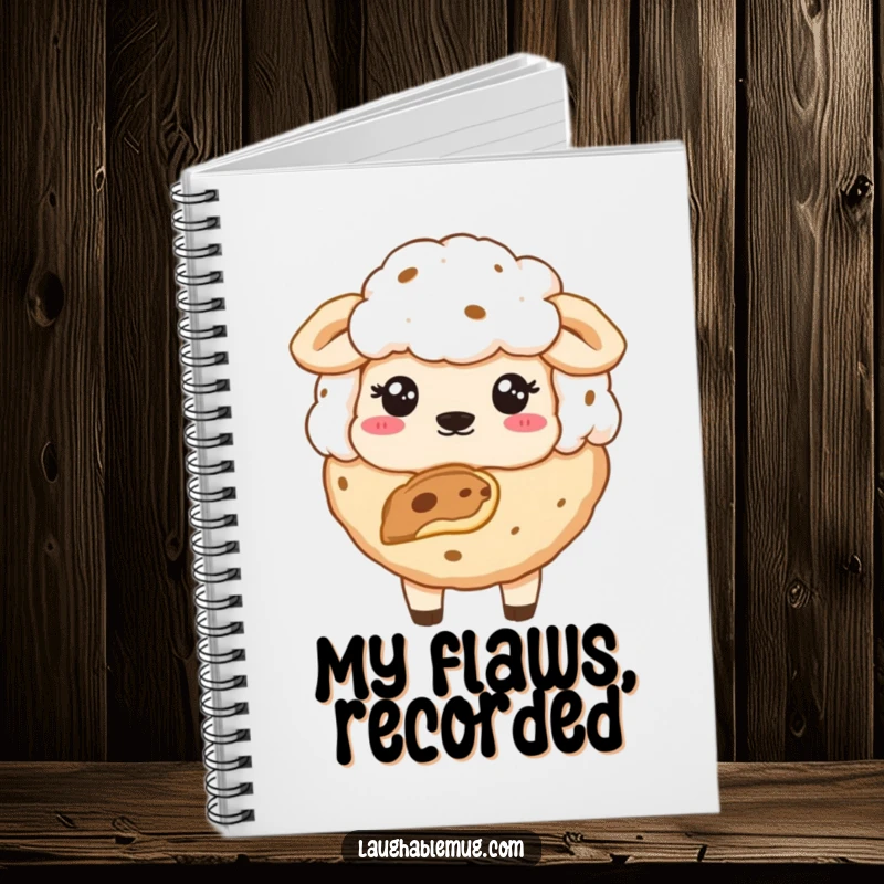 Funny notebook cover with a sheepish cookie that has a bite taken out, perfect for notes.
