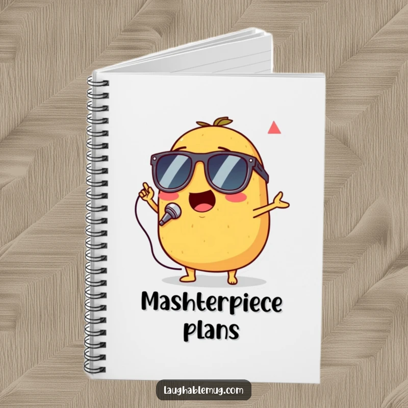 Funny notebook with a singing potato wearing tiny sunglasses, performing with musical energy.