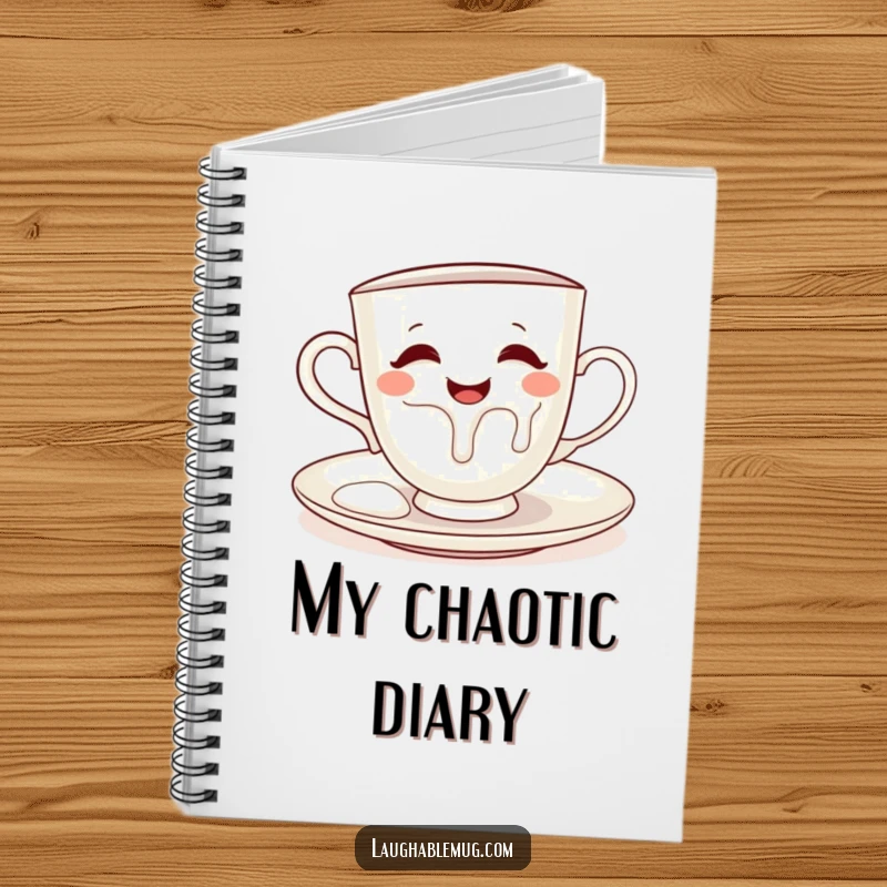 Funny notebook featuring a mischievous teacup pouring milk onto its saucer, perfect for notes and recipes.