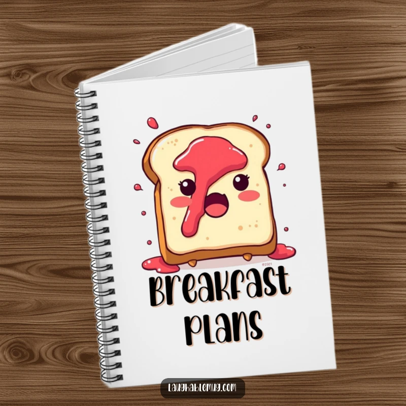 Funny notebook featuring a cute toast character with jam splattering everywhere in surprise, inspiring creative notes.