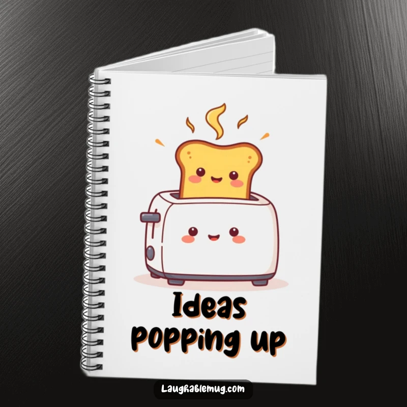 Funny notebook with a cheerful toast character popping fast from a toaster, inspiring speedy note-taking and idea generation.