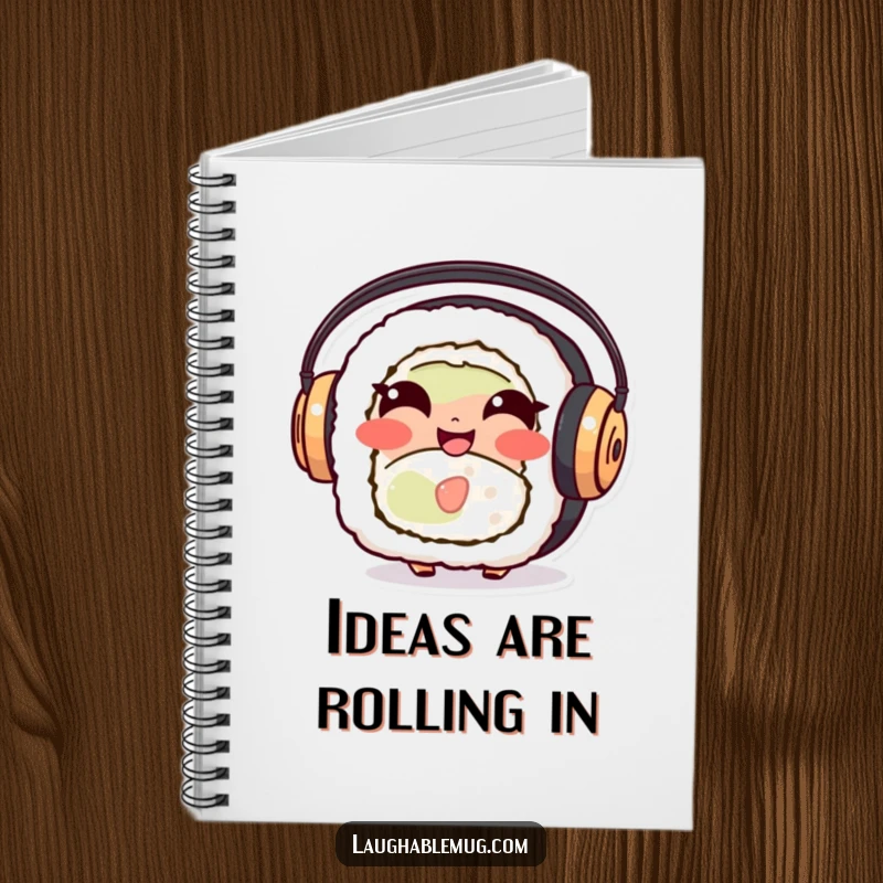 Funny Sushi Roll Notebook: A smiling sushi character with headphones, perfect for jotting notes with a touch of humor.