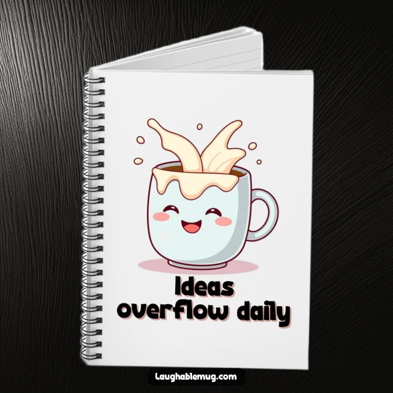Funny notebook with a grinning coffee mug comically pouring itself extra cream overflow, ideal for jotting down ideas. A creative funny gift.
