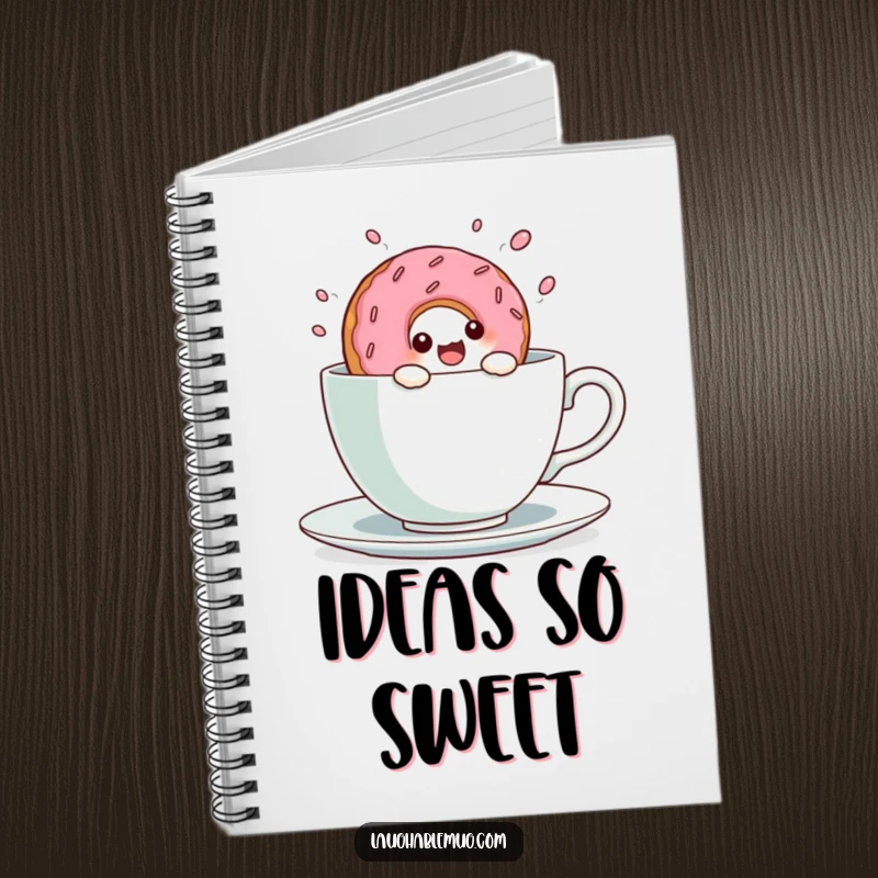 Funny Kawaii Donut Teacup Dive Notebook: A cute donut character dives into a teacup, perfect for journaling sweet thoughts.