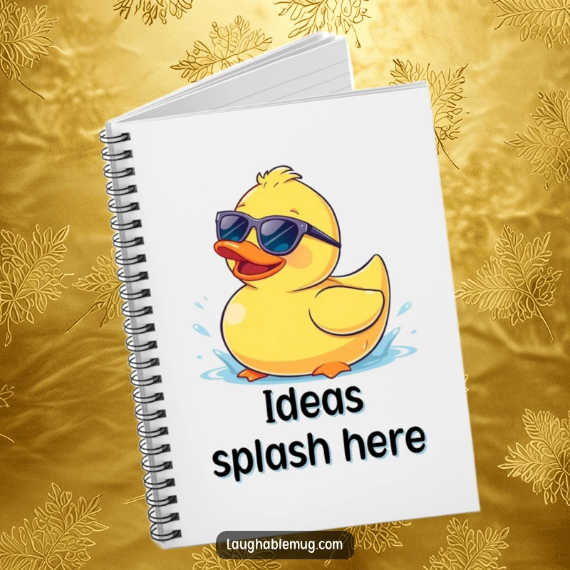 Funny notebook cover with a happy rubber ducky wearing sunglasses, splashing playfully, for jotting down fun ideas.