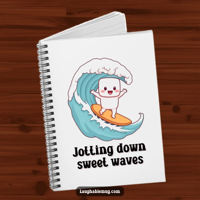 Funny notebook with a marshmallow character surfing a coffee wave, perfect for jotting down notes or creative ideas with a humorous touch.