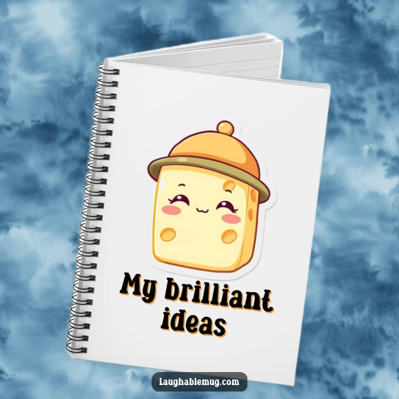 Funny notebook with a smiling cheese wedge wearing a small hat, ideal for notes and creative ideas.